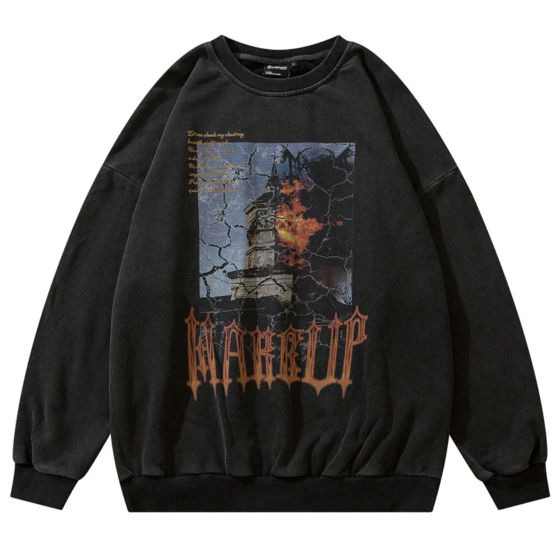 

Хип-хоп толстовка большого размера с буквенным принтом и графическим вырезом, готика, Харадзюку, уличная одежда, винтажные потертые толстов...