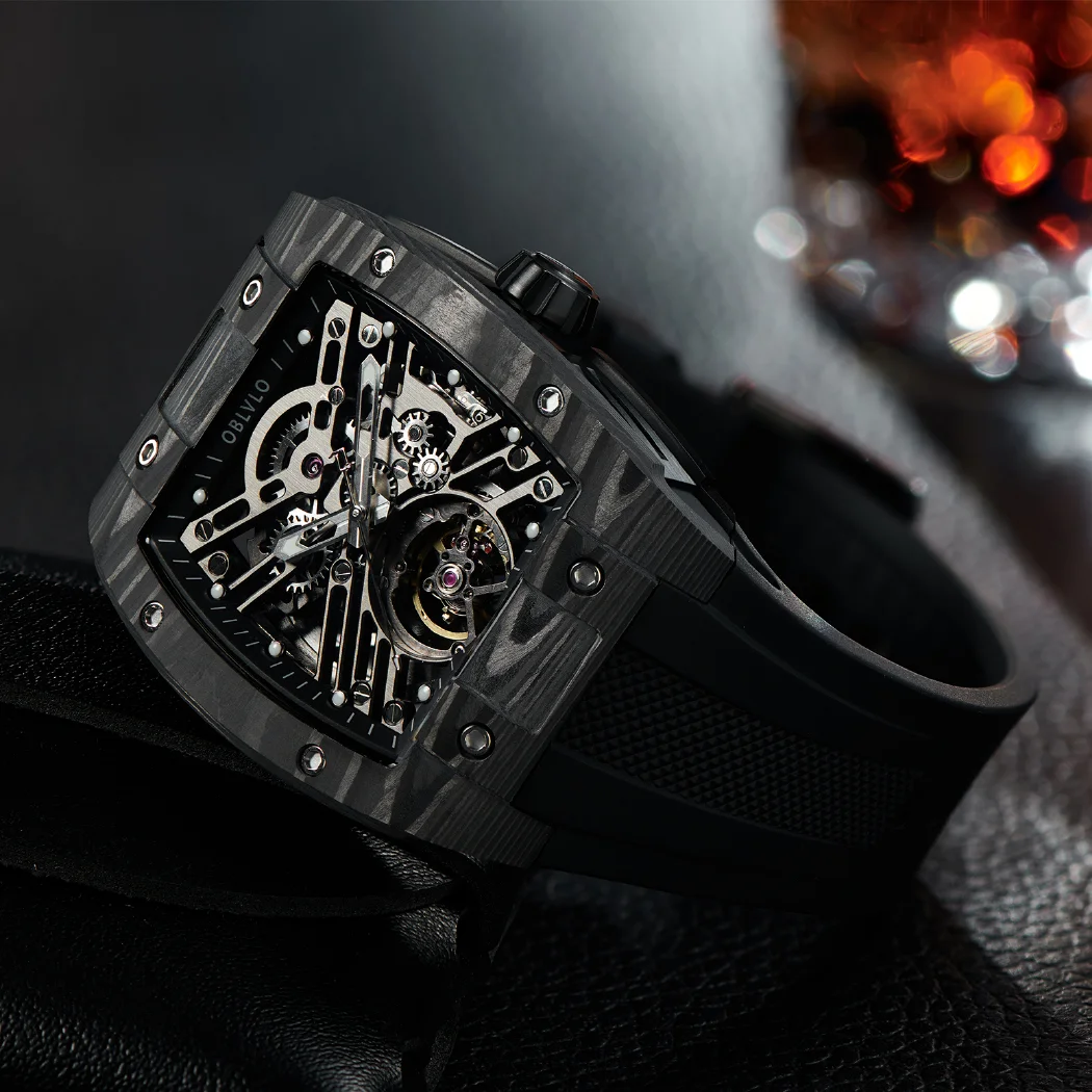 

OBLVLO Original Black Men Automatic Mechanical Watch Sport Skeleton Luminous Wine Barrel Carbon Fiber Case Rubber Strap EM-ST