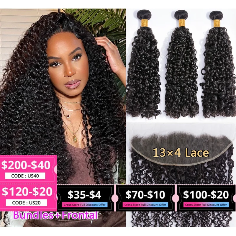 Brazilian 3B 3C Spirals Curly Bundles With Frontal 10A Pixie Curl  Virgin Human Hair Extension Kinky Curly Weave With Closure