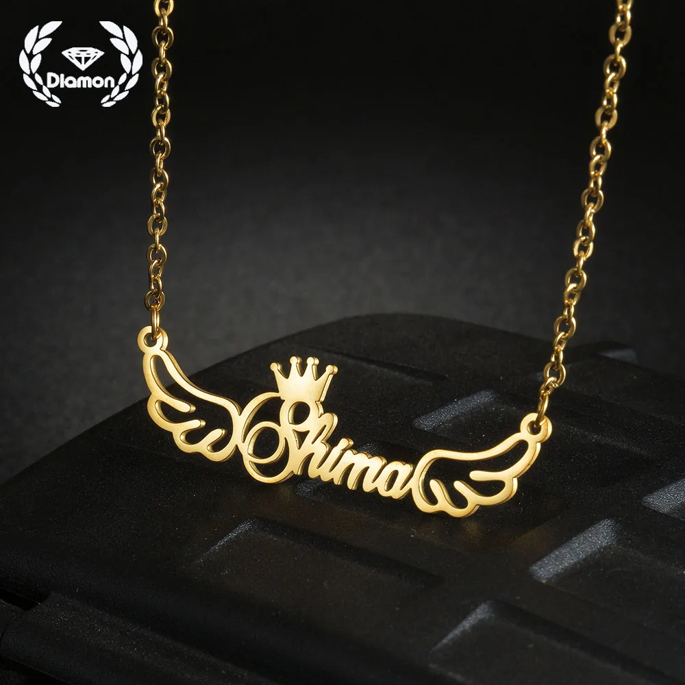 

Diamon Personalized Custom Name Stainless Steel Letter Necklace Wing Crown Nameplate Pendant Choker Chain for Women Jewelry Gift