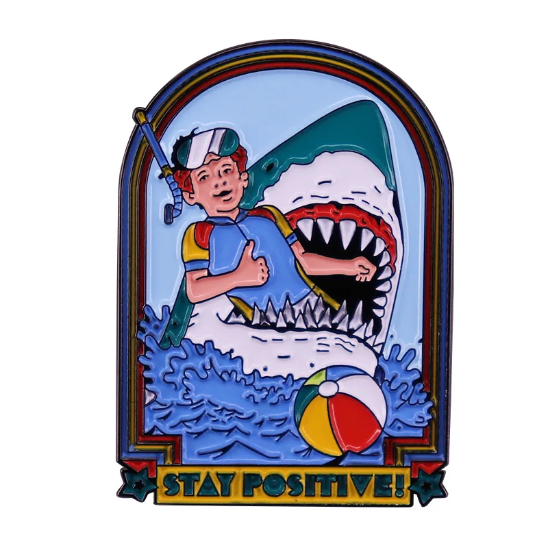 C1980 Stay Positive Shark Enamel Pins Sea Ocean Animal Brooches Cute Kawaii Cartoon Bag Hat Lapel Pin Badge Gift for Girl Boys