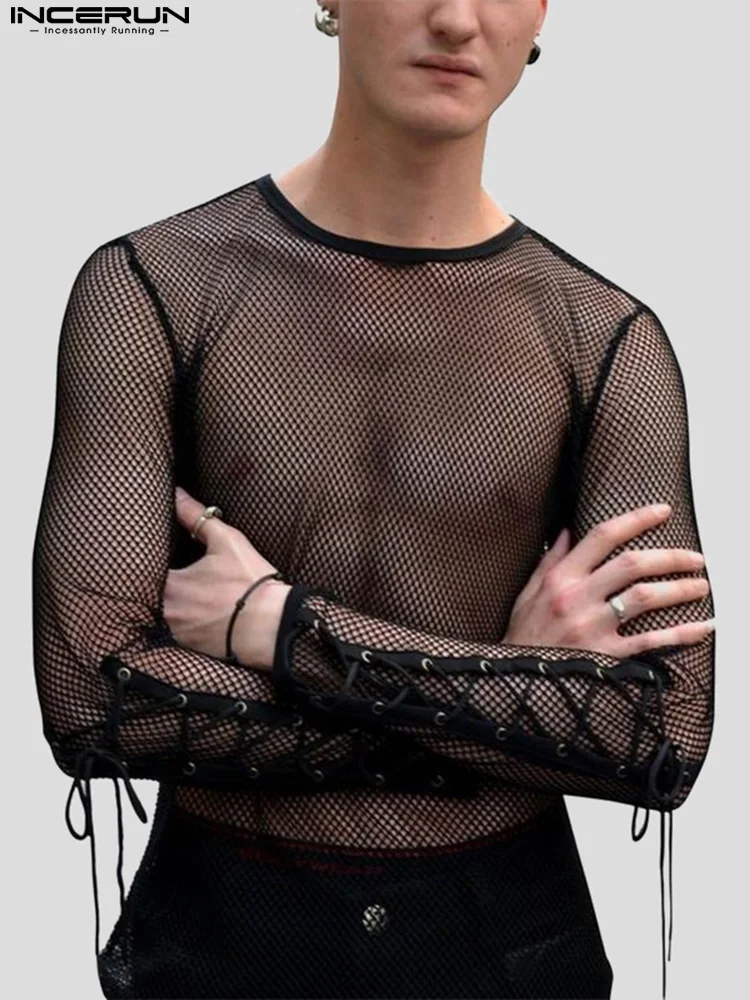 

INCERUN Men T Shirt Mesh Transparent 2022 Lace Up O-neck Long Sleeve Party Nightclub Tee Tops Sexy Solid Fashion Camisetas 5XL 7