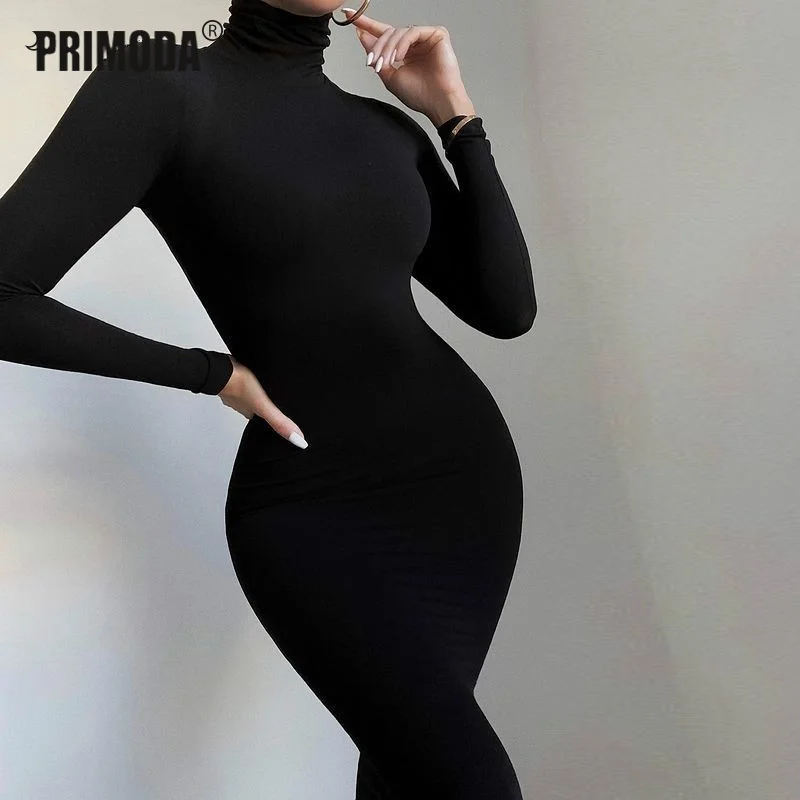 

Turtleneck Long Maxi Dress Women Autumn Winter Muslim Elegant Office Lady Skinny Long Sleeve Bodycon Casual Dress Solid PR464G