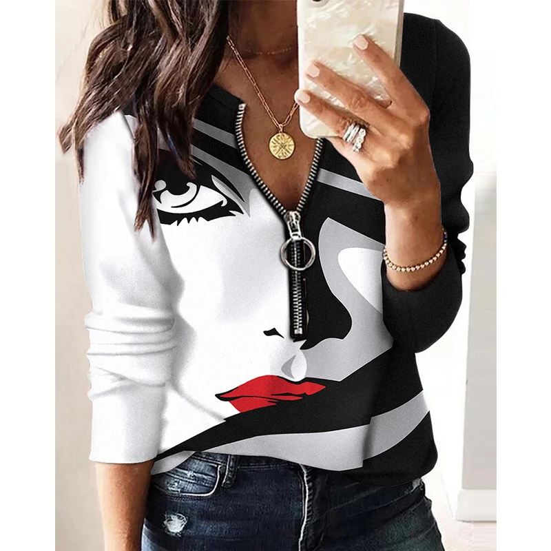 

2022 New Women Geo Print Zipper Front Long Sleeve Top Abstract Figure V-Neck Loose Casual Tops T-Shirt Streetwear