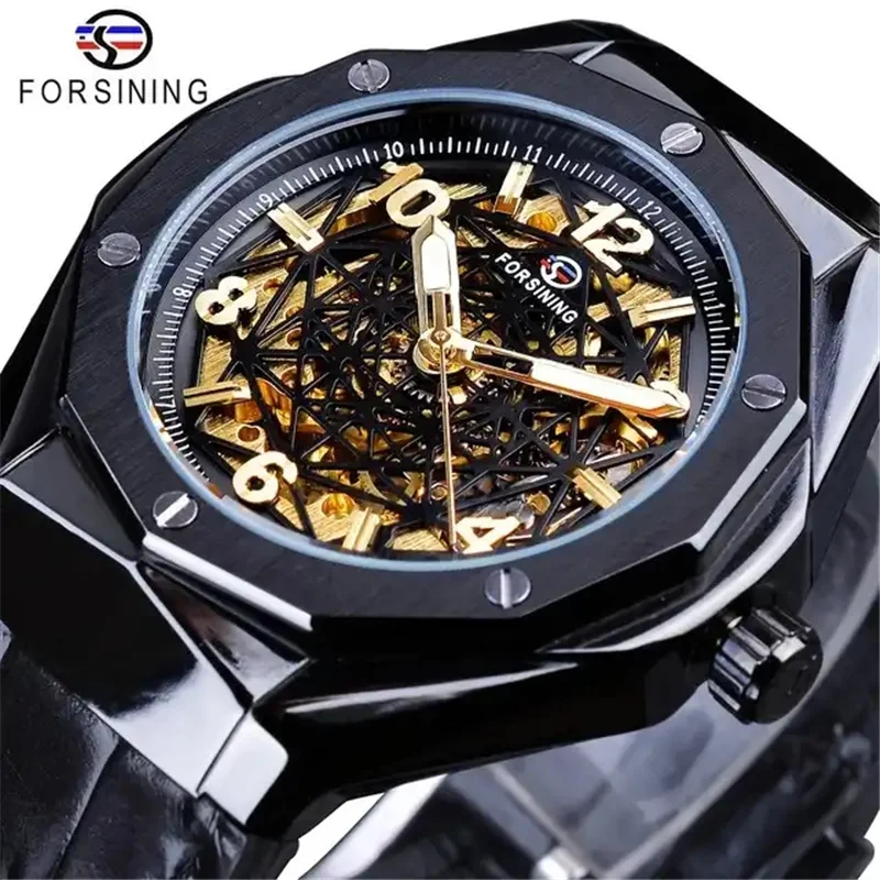 

FORSINING 58B Men Watches Automatic Mechanical Wristwatch Skeleton Design Waterproof Leather Strap Male Watch Reloj Hombre