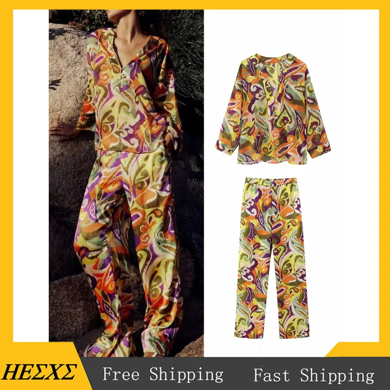 

Women's Pants Sets 2023 New Print Shirts Set Woman 2 Pieces Shirt and Pants Sets Female Spring Summer Casual Suit