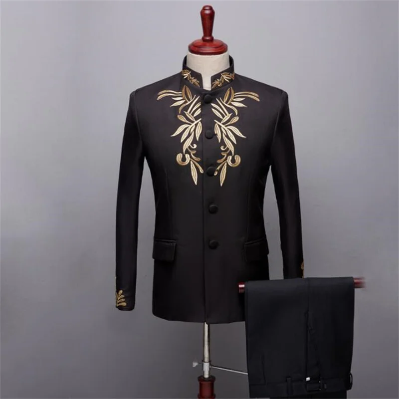 Embroidery Blazer men groom suit set with pants Chinese tunic suit costume singer star style dance stage clothing formal dress