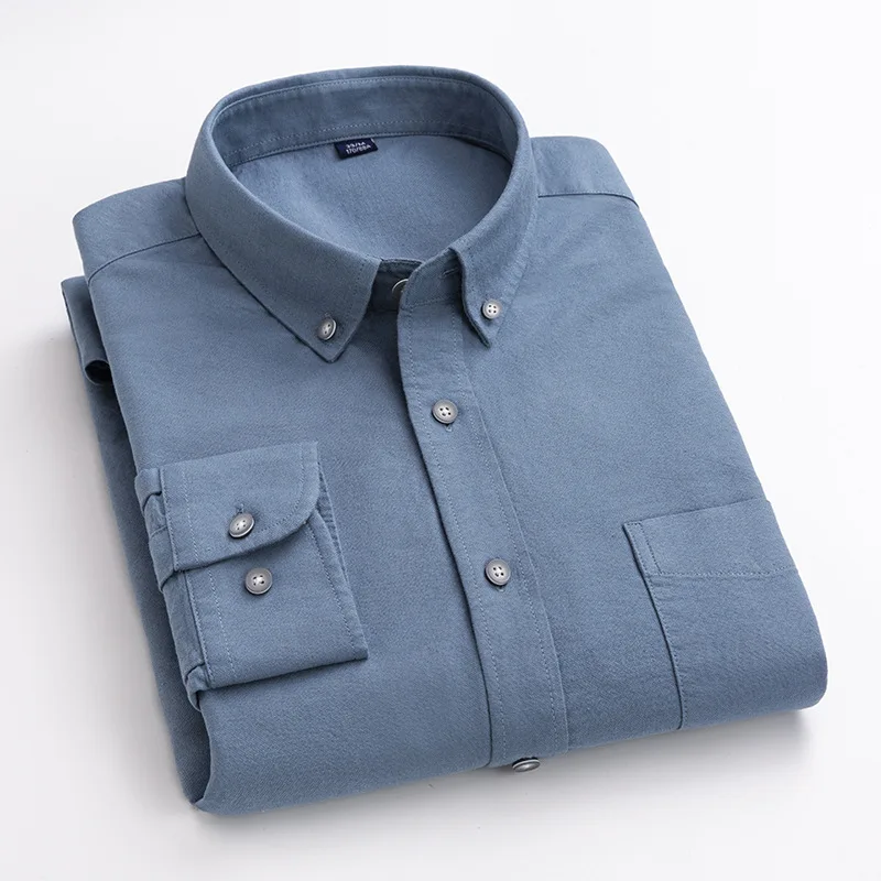 Fashion Men's Fashion Long Sleeve Cotton Oxford Solid Shirt Single Pocket Standard-fit Button-down Outerwear Casual Dress Shirts