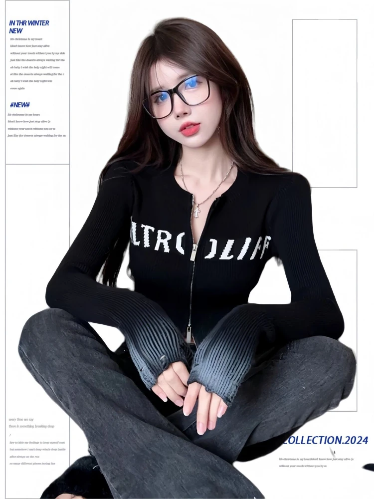 QWEEK винтажный черный кардиган с буквенным принтом для женщин 2024 осень-зима теплый