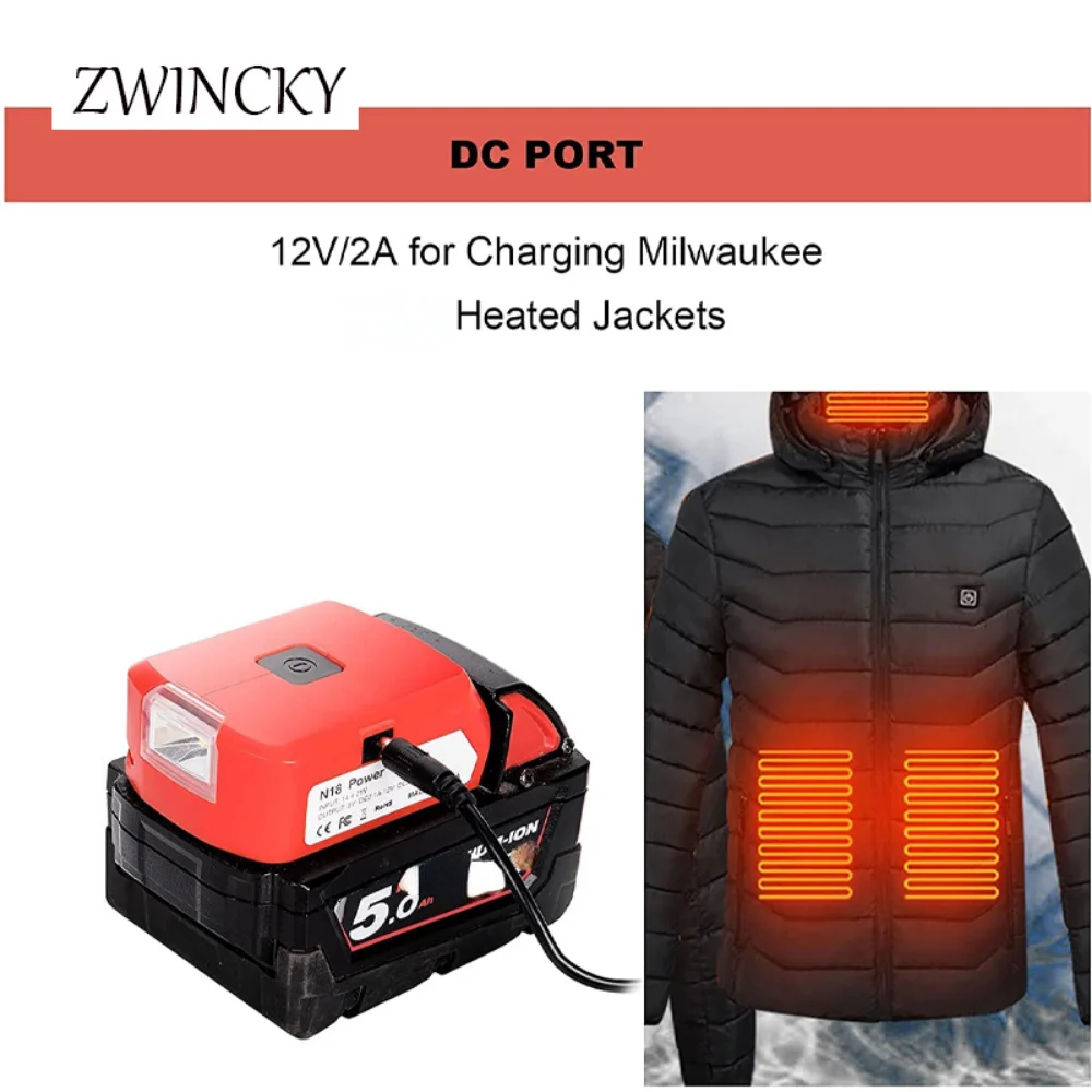 Battery Adapter For Milwaukee 18V Battery USB Charger Power Source with Dual USB Port DC 12V/2A LED Light For Heated Jacket enlarge