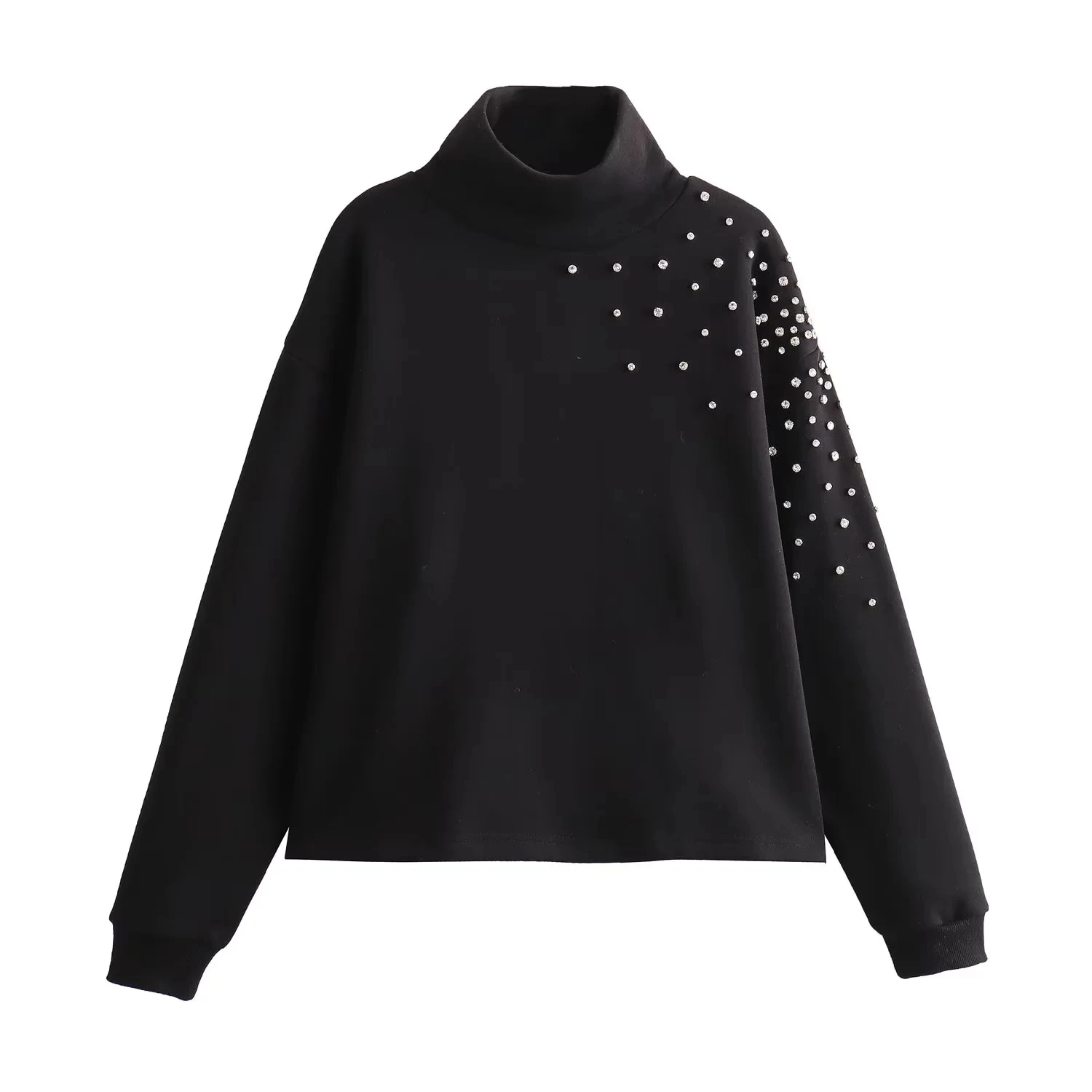 

Female New Black High Collar Sweatshirts 2023 Autumn Women Rhinestones Decorate Tops Zipper Less Long Sleeved Warm Pullover