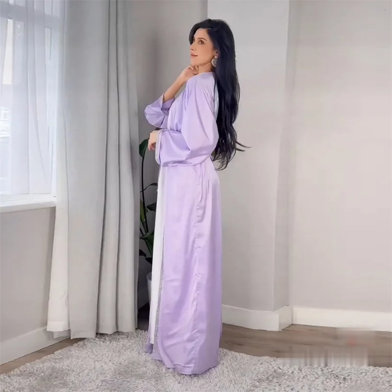 Two Pieces Kimono Abaya Set for Women Muslim Dubai Arab Solid Soft Satin Diamond Tape Trim Cardigan Robe and Vest Dress