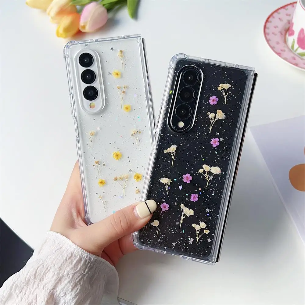 For Samsung Galaxy Z Fold 4 3 ZFold4 Case Real Dried Flowers Transparent Four Corners Shockproof Soft Silicone Protective Cover