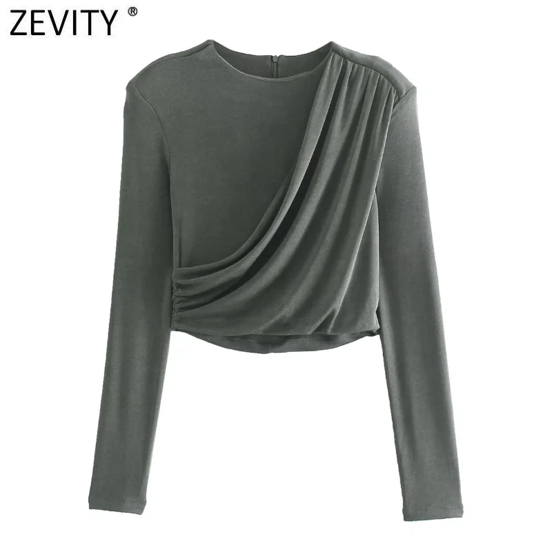 

Zevity Women High Street Pleats Design Knitting Short Smock Blouse Lady Shoulder Padded Back Zipper Shirt Chic Crop Tops LS9872