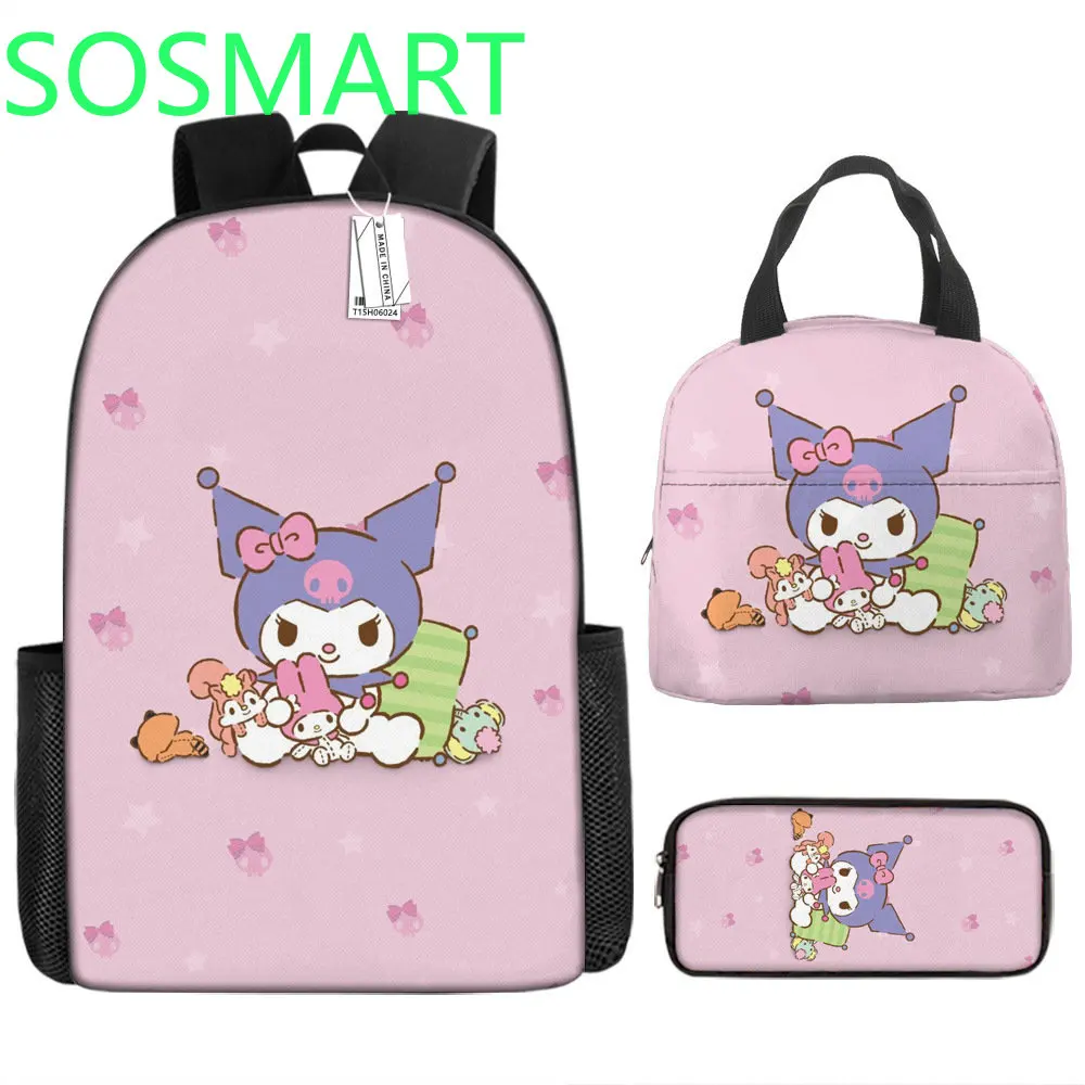

3PCS Kulomi student schoolbag Melody bento insulation lunch bag children's cartoon cute backpack pencil case large capacity Bag