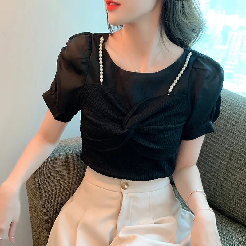 

COIGARSAM Blouse Women Summer 2022 New French Style Vintage Short Sleeve O-Neck Blusas Womens Tops And Blouses Dropshipping