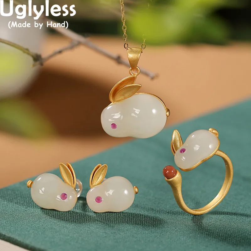 

Uglyless Lovely Rabbit Necklaces Rings Studs Women Creative Animals Jewelry Sets Jade Bunny Pendants NO Chains 925 Silver Bijoux