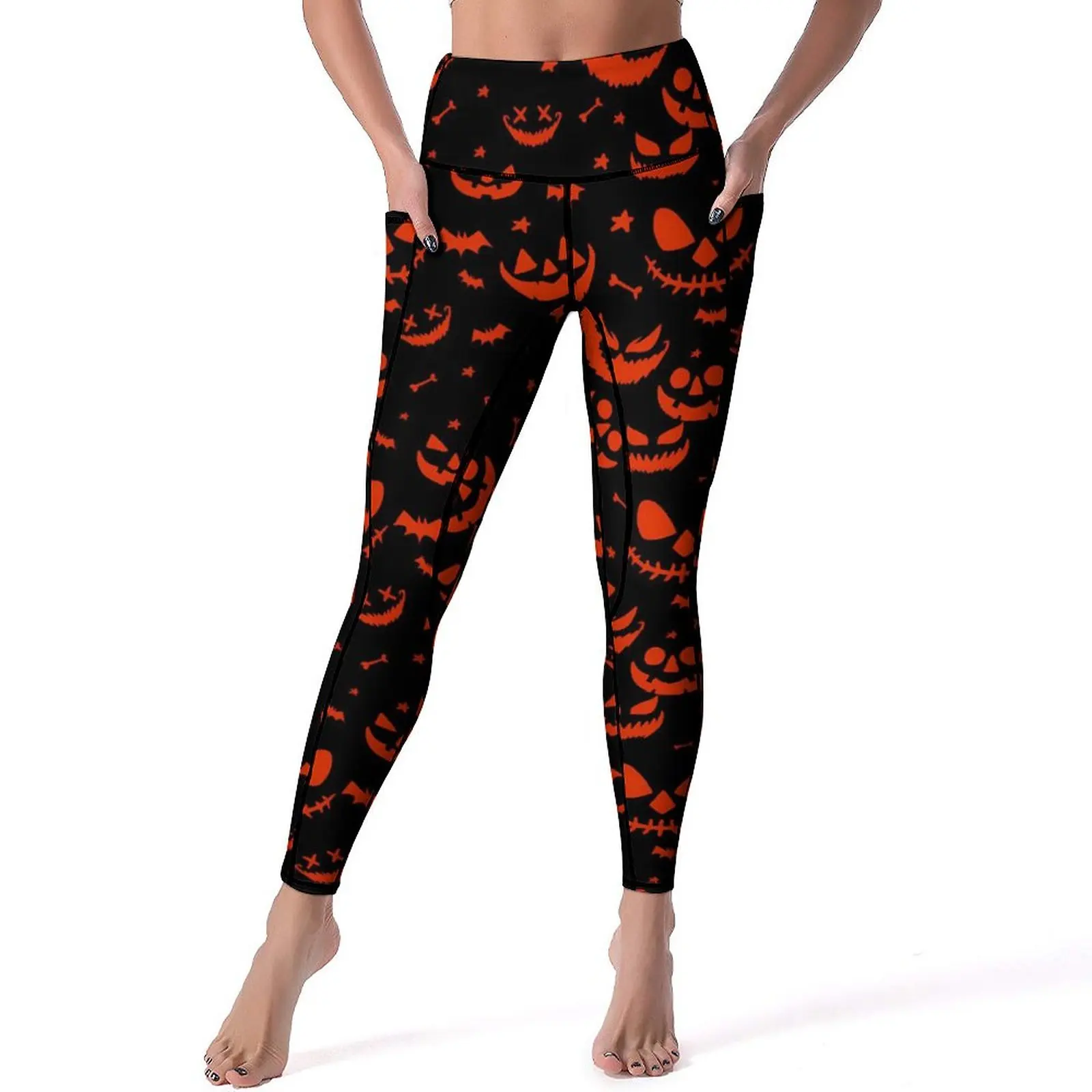 

Orange Pumpkin Leggings Sexy Spooky Halloween Gym Yoga Pants Push Up Quick-Dry Sports Tights With Pockets Casual Design Leggins
