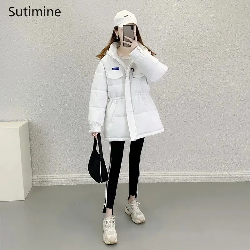 Winter Clothes Women Spliced Office Lady Down Cotton Padded Women Thick Casual Sexy Loose Coat Lace-up Drawstring Coat Women