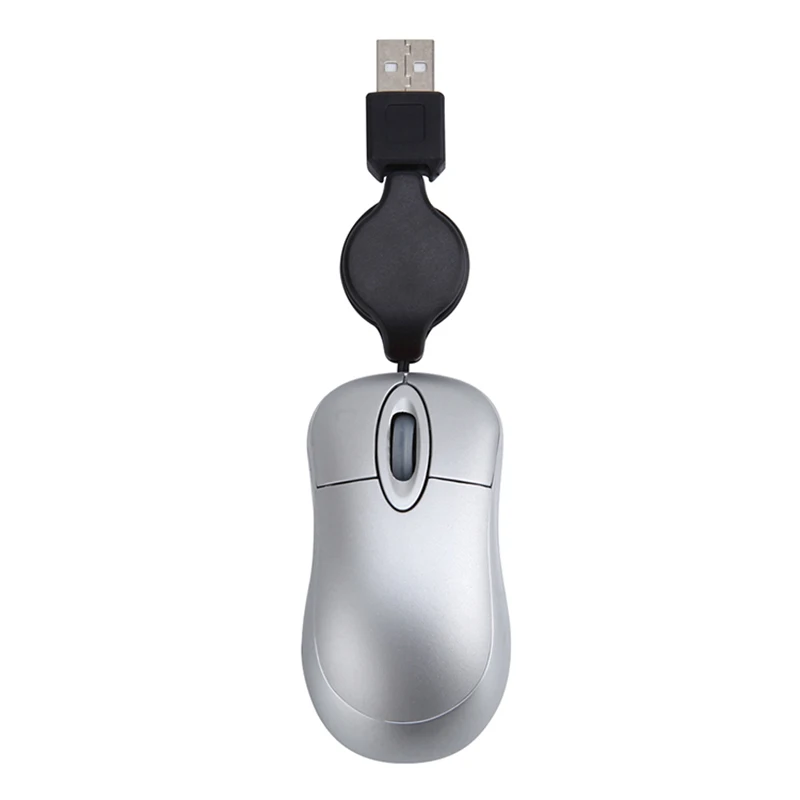 Фото Миниатюрная USB Проводная мышь с выдвижным кабелем, миниатюрная маленькая мышь 1600 DPI, оптическая компактная дорожная мышь для 98 2000 XP Vista Ve (Серебристая) №1