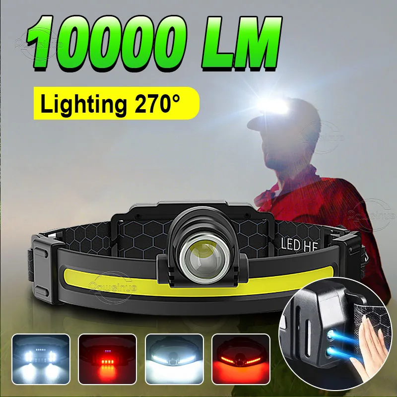 Мощный Светодиодный Налобный Фонарь 10000lm С Датчиком Cob 7 Режимов Лампа Для Рыбалки