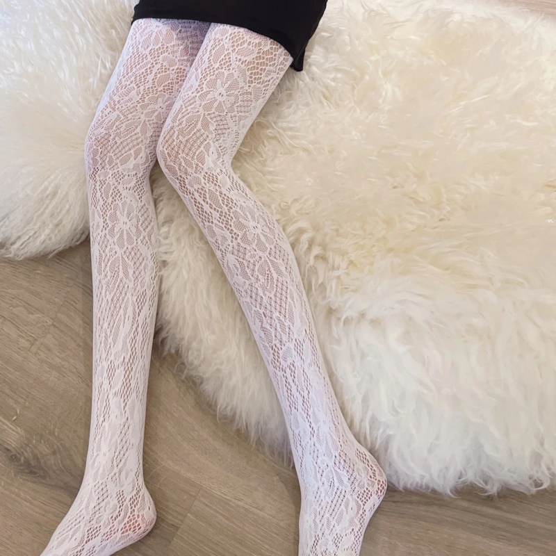 Style Sexy Erotic Lingerie Stockings Women Tight-High Pantyhose High Waist Lace Hollow Rose Flower Fishnet Tights