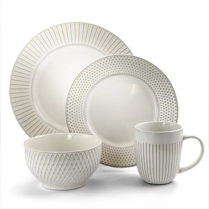 

2023 New Market Finds 16 Piece Round Stoneware Dinnerware Set in Embossed White Dinnerware Set Kitchen Accessories Dining Table