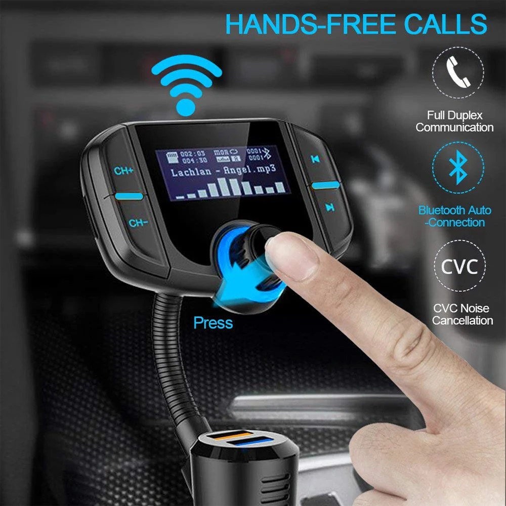 

Bluetooth FM-трансмиттер с ЖК-дисплеем, FM-радио адаптер, автомобильный комплект громкой связи, AUX вход, mp3-плеер QC3.0, двойное зарядное устройство USB, ...