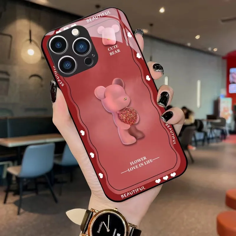 For iPhone 13 11 14 Pro Max 12 Mini XS Max X XR 6 7 8 Plus Se 2 SE3 Phone Case Cartoon Bear Tempered Glass Protective Back Cover