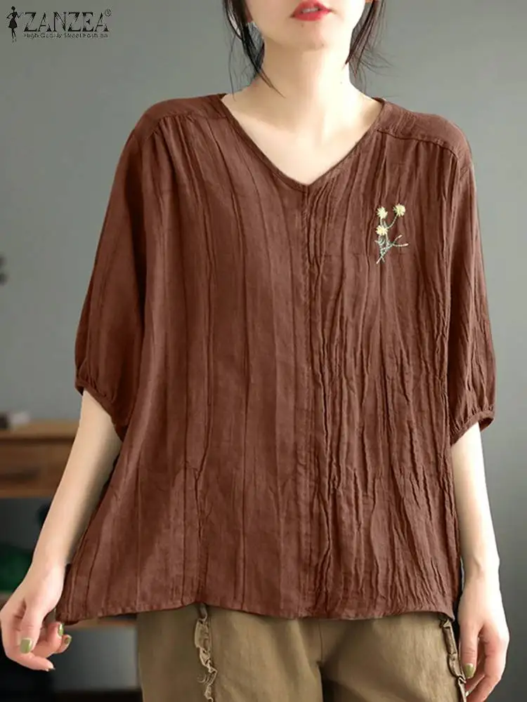 

ZANZEA Fashion Floral Embroidery Blouse Summer Half Sleeve V-Neck Tops Woman Casual Holiday Shirt Female Elegant Beach Blusas