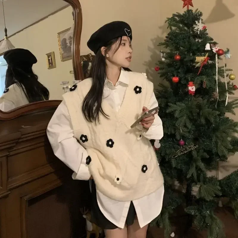 Жилет женский свитер милый длинный белый вязаный топ для женщин Kawaii с v-образным