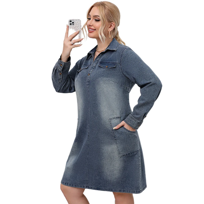 Spring Plus Size 3Xl 4Xl 5Xl Casual Denim Tunic Dress Women Above Knee Jeans Dress Women Denim Long Sleeve Distressed Jean Dress