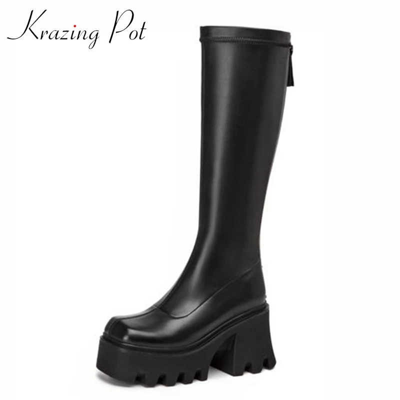 

Krazing Pot Microfiber Square Toe Thick High Heels Equestrian Boots Zipper Causal Simple Style Non-slip Brand Knee-high Boots
