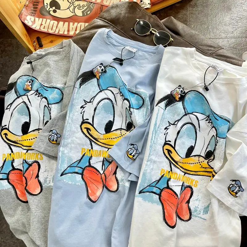 

Модные футболки Disney с Дональдом Даком для женщин, хлопковые повседневные свободные белые и серые летние женские футболки с коротким рукавом, Топ