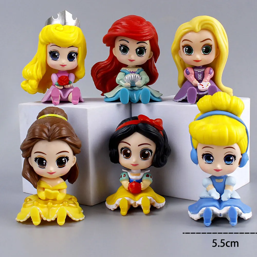 

8cm 6pcs/Lot Disney Princess Q Posket Snow White Aurora Cinderella Mermaid Rapunzel Belle PVC Action Figure Toy Cake Decoration