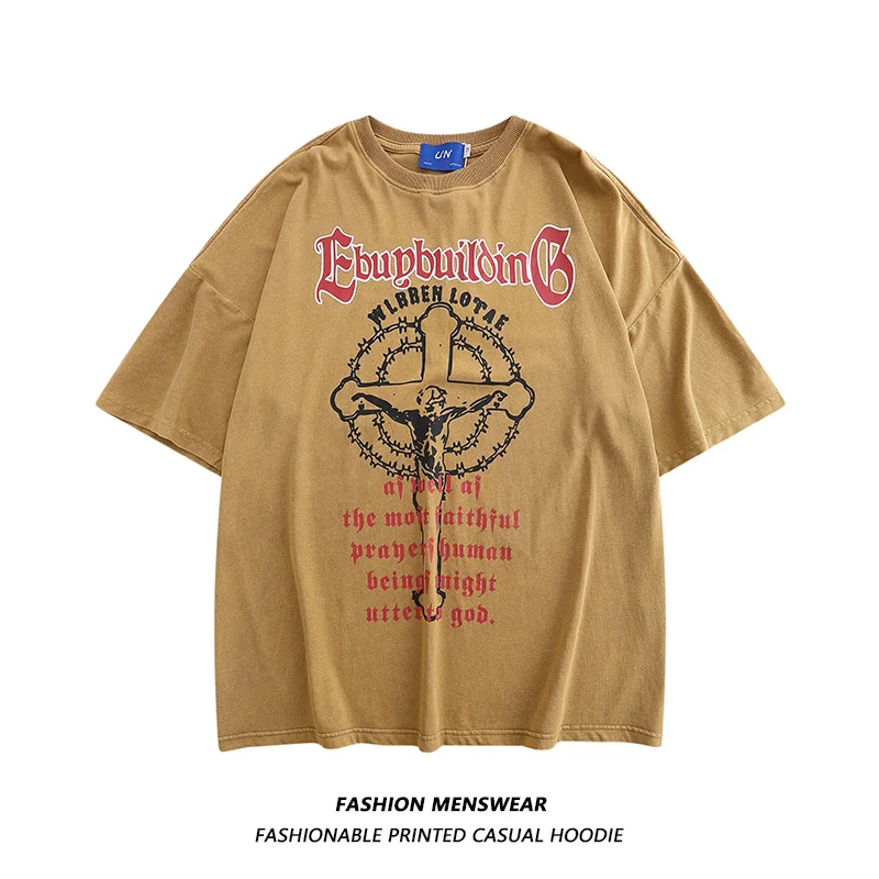 

2022 Summer New American Cross Print Oversize Casual T-shirt for Men and Women Couples