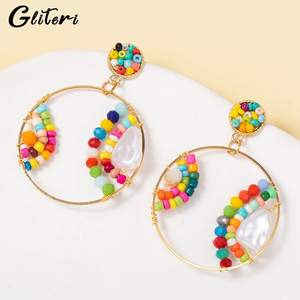 

GEITERI Bohemia Round Beads Earrings For Women Girls Exaggerated Geometric Pearl Drop Earring Vintage Jewelry Beach Party Gifts
