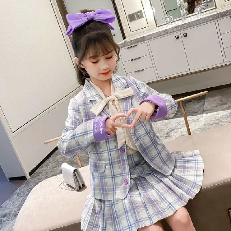 

Kids Costume Girls Clothing Set 2023 Spring Autumn Jacket Skirt School Outfits Fashion Children Plaid Formal Clothes 3-12 Years