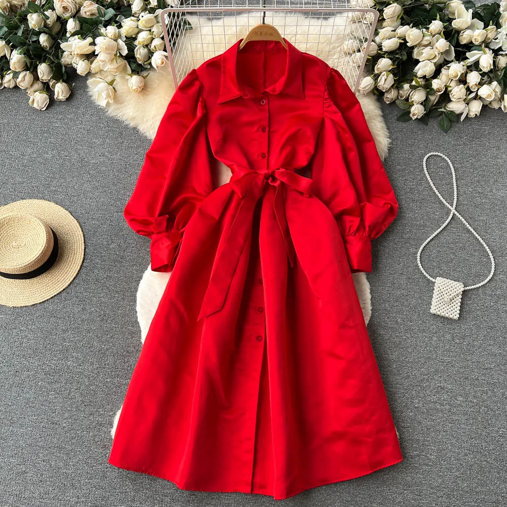 

Autumn new red French retro slimming thin temperament single-breasted hem dress