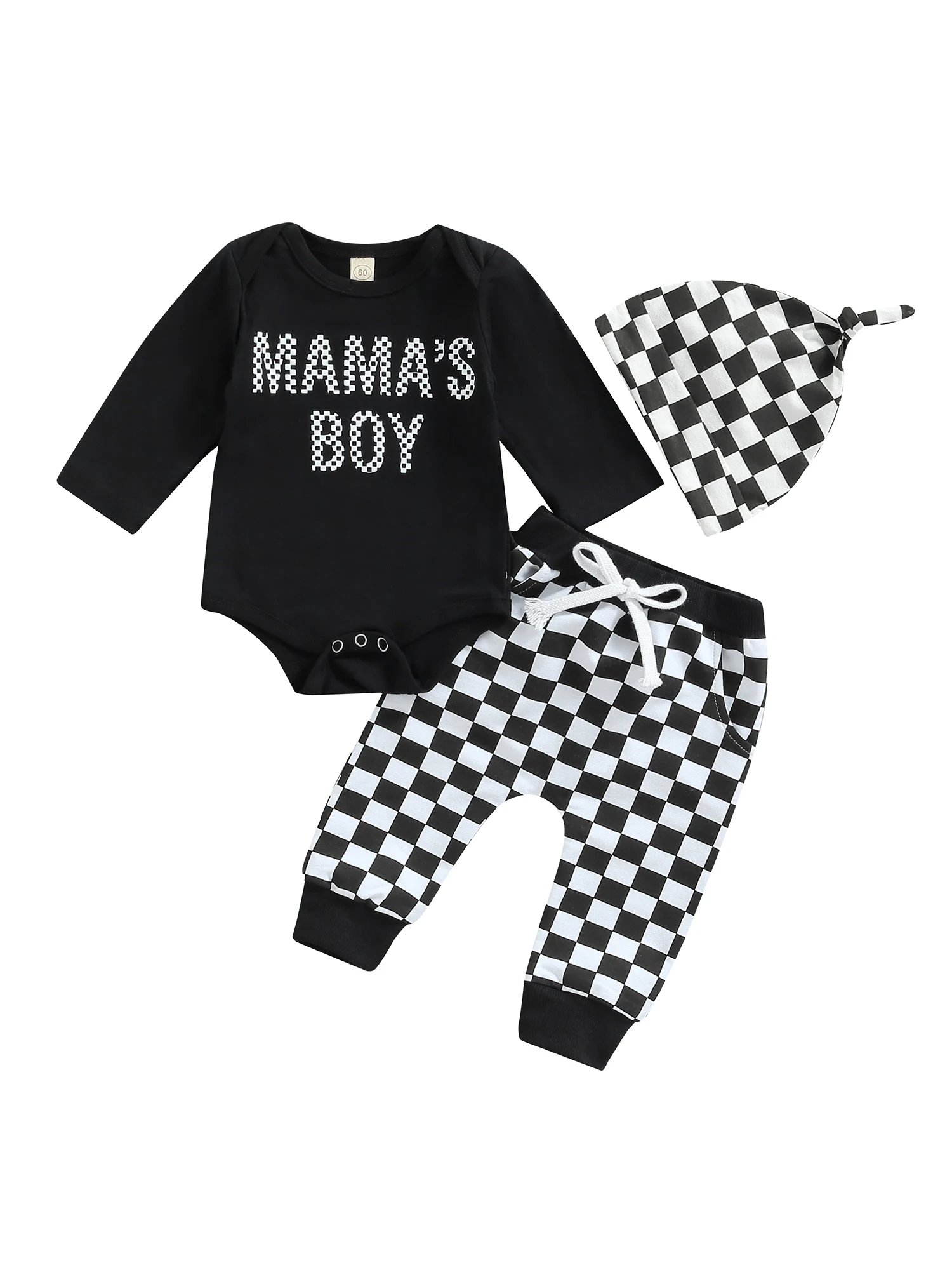 

3Pcs Baby Boys Romper Outfit Toddlers Letter Printing Long Sleeve Round Collar Jumpsuit Checkerboard Plaid Long Pants Cap