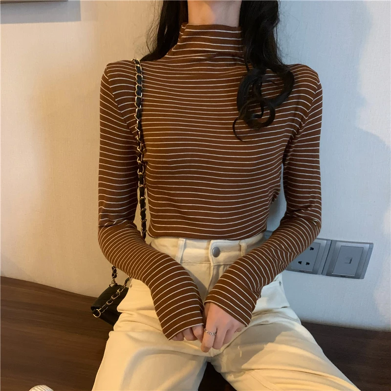 Женская Полосатая Футболка harajuku с длинным рукавом и высоким воротником |