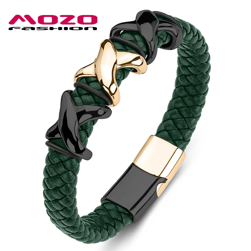 

MOZO FASHION New Men Bracelets Braided Genuine Leather Stainless Steel Trendy Bangles Punk Cross Collocation Wholesale Jewelry