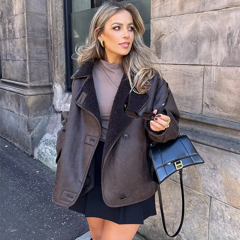 Fashion Large Lapel Single Breasted Splice Lambswool  Manteau Femme Hiver Casual Wool Blends Coat Women Vintage New In Outwears