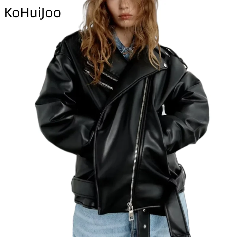 KoHuiJoo Black White Motorcycle Leather Jacket Autumn Women Turn-down Collar Short Loose PU Casual Female Oversize With Belt