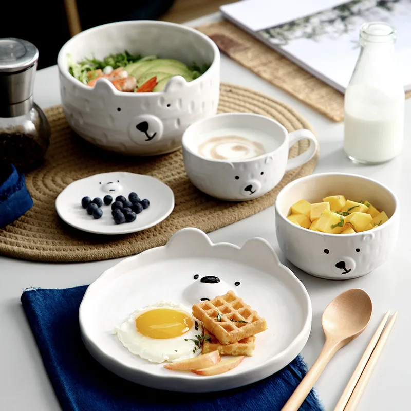 Ceramic Dishes Cute Cartoon Polar Bear White Plate Simple Bowls Japanese Kitchen Food Tableware Coffee Cup Fruit Saucer Utensils