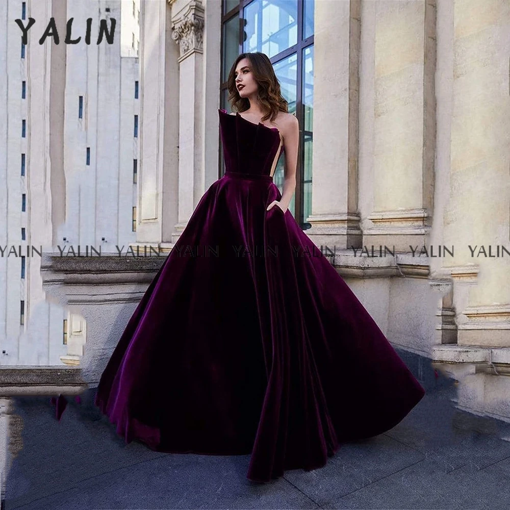 

Женское вечернее платье-трапеция YALIN, с фестонами, открытой спиной и шлейфом, элегантное бархатное фиолетовое платье для выпускного вечера, ...