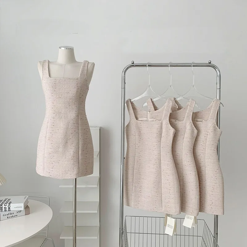 

Женское твидовое мини-платье, элегантное розовое однотонное облегающее короткое платье без рукавов с квадратным вырезом на лето