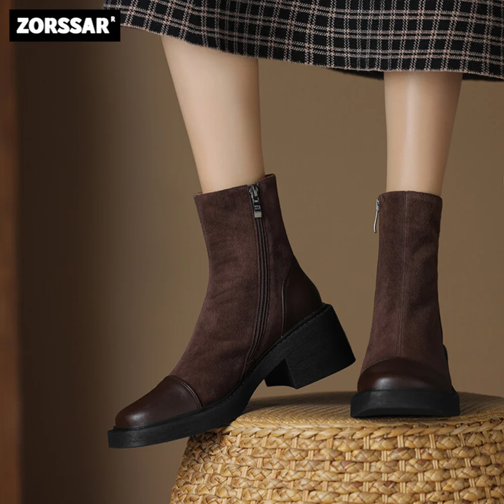 

2023 New Woman Suede Boots Genuine Leather Round toe Ankle Boots Fashion Womens Chunky High heel Short boots Platform shoes