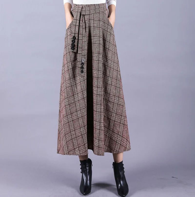

2XL Women's Autumn and Winter Woolen Skirt 2022 New Plaid Skirts Womens High Waist Large Swing Jupe Lady Femme Saia