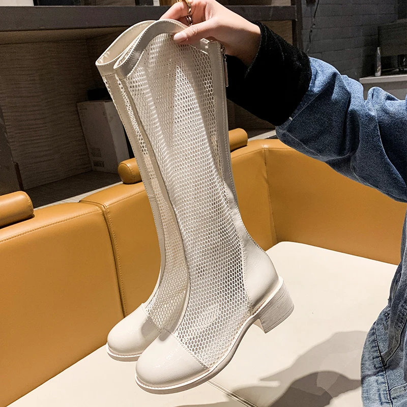 

New Fashion Women Knee High Boots Square heel Zipper Sexy Lace Mesh Boots Summer Cool Boots Breathable Women's Shoes WHNB